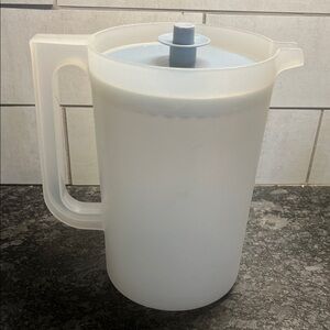 Half Gallon Tupperware Translucent White Pitcher with blue Lid. Great shape